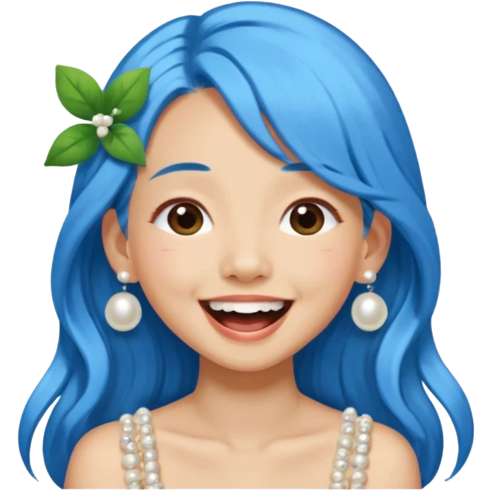 Asian girl with long blue hair, pearl hair clip, loves nature, laughing out loud emoji