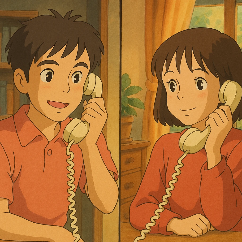 two people communicating on a land line phone, each holding a receiver, ghibli style, warm and inviting emoji