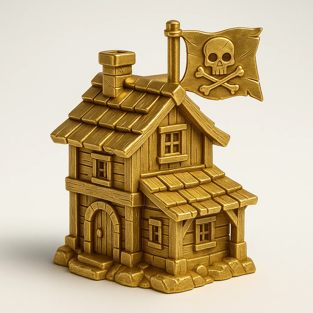 old pirate's house with skull flag emoji