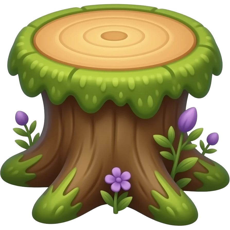 Simple low mushroom stool for sitting, rounded cap, clearly lower than the nearby tree stump table, refined botanical fantasy, green and amber tones, subtle violet accents. emoji