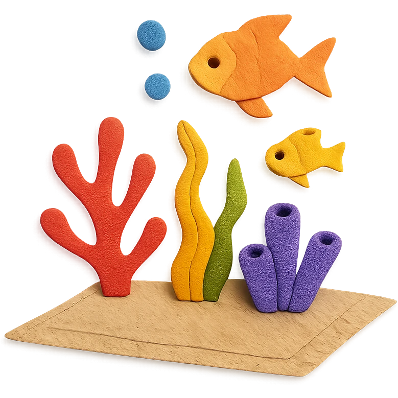 carpet on the sea floor, with layered paper corals and fish, paper craft style emoji