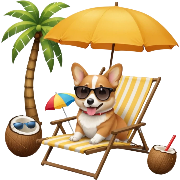 a corgi dog laied on a beach chair, a sunny beach, a sun umbrella, and beach coconut trees. the icon should capture the essence of a relaxing beach vacation with a carefree atmosphere emoji