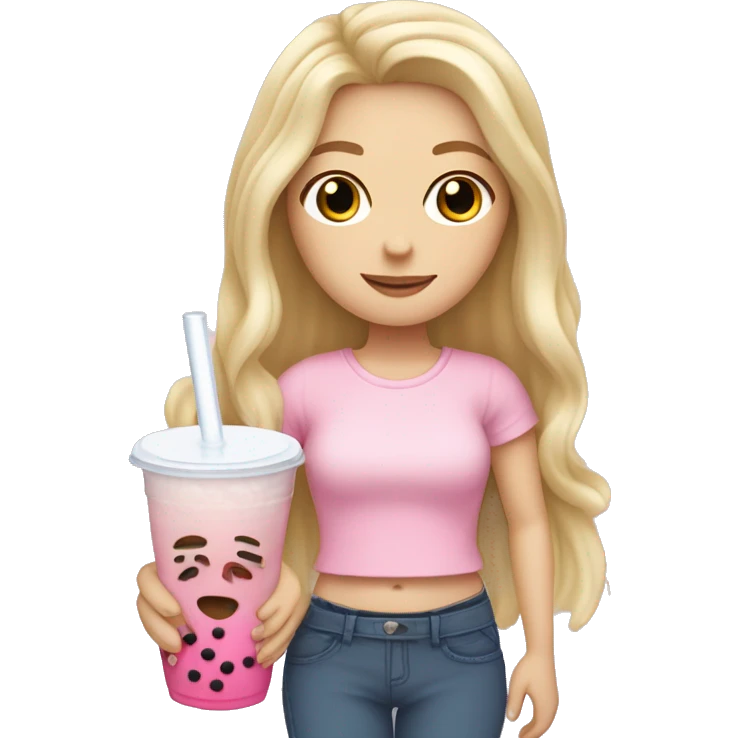 white girl with long blond hair, pink skirt, white T-shirt, right hand with a peace sign, bubble tea in her left hand emoji