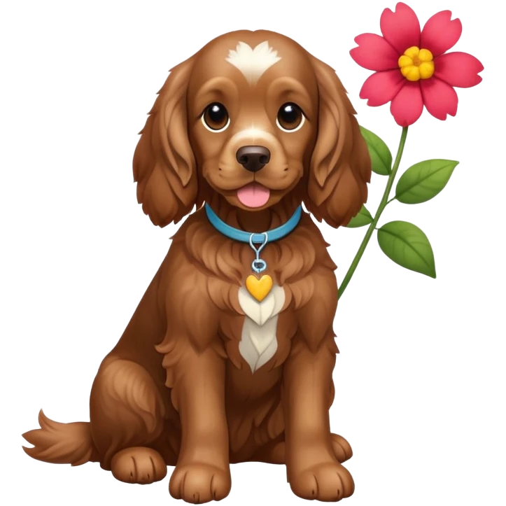 Full body shot of a brown cocker spaniel sitting happily with a flower emoji