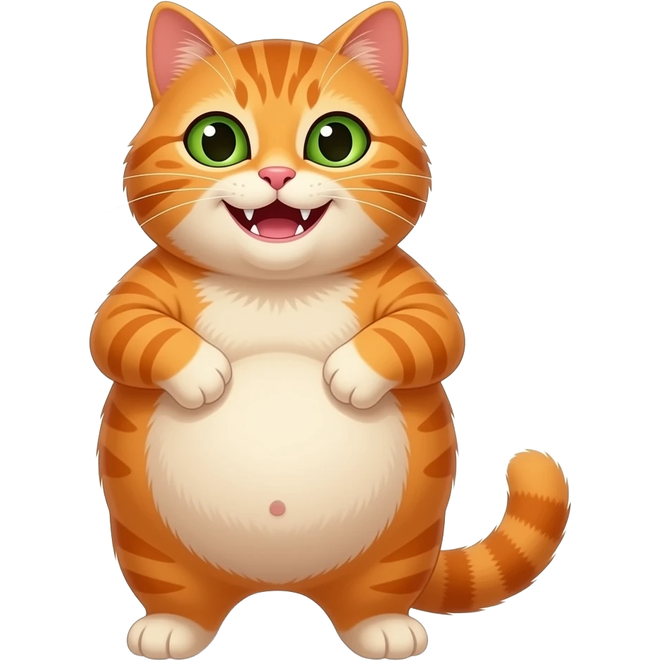 chonky orange cat with green eyes, standing on back legs, belly, one teeth showing, smiling, devilish eyes emoji