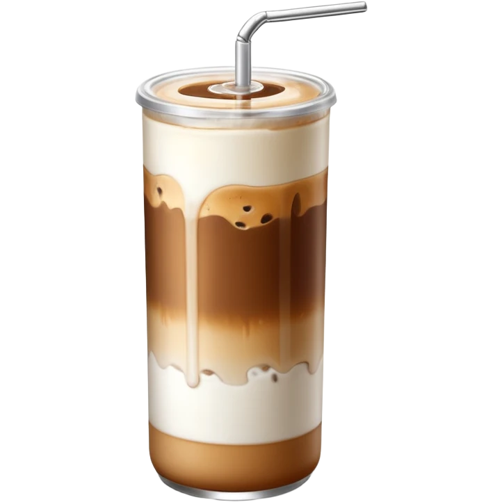 A tall transparent can of iced latte with a silver pull-tab lid. Brown coffee on top with ice, smooth white milk in the middle, and a light amber syrup layer at the bottom. “MAISON MOKA” written vertically in white on the can.

 emoji