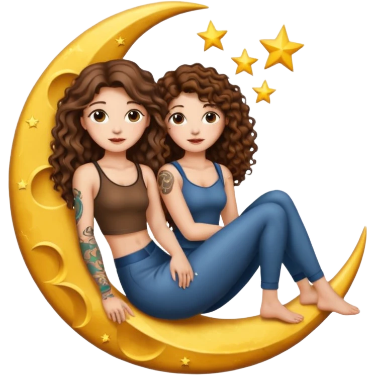 moon bench — long wavy brown hair tattooed woman and short tight curly brown hair woman — sitting on crescent moon emoji