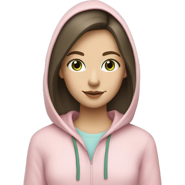 caucasian girl with dark brown hair and light blue eyes wearing a light pink hoodie and drinking green tea emoji