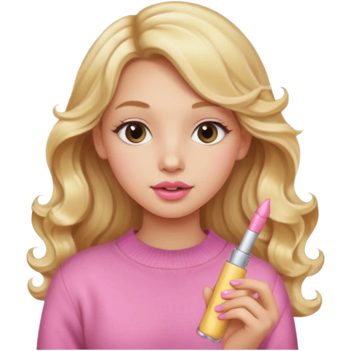 A long curled blonde haired  young girl with a pink sweater and holding a clear lip gloss emoji