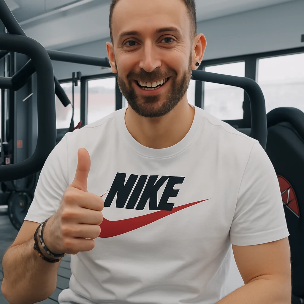 The man in the photo is making the OK gesture with his thumb up and smiling, in a gym environment, photorealistic style. emoji