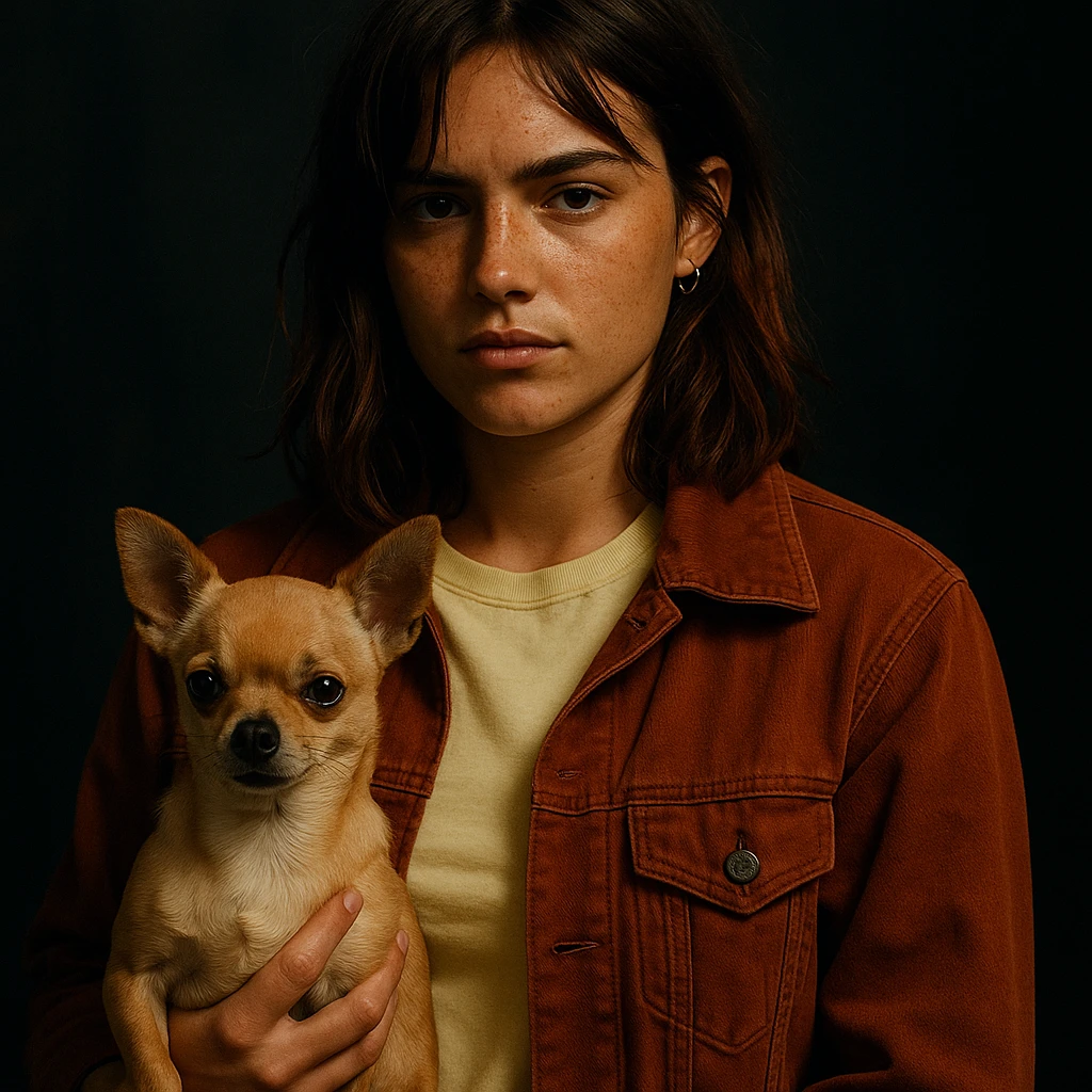 Netflix series style, rebellious woman, tanned skin, freckles, pale yellow shirt #FFF8CA, rust jacket, medium-length brown auburn hair, holding beige-brown chihuahua, dark background emoji