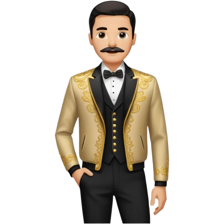 fashionable man with a mustache, slicked-back hair, ornate gold and black jacket, black shirt, and pants, standing confidently emoji