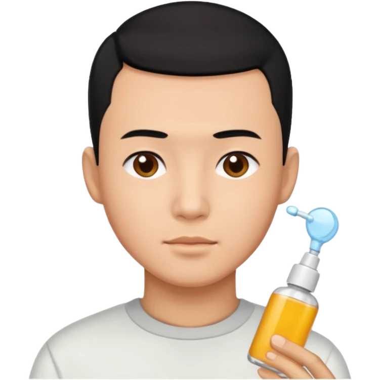 chinese man with buzz cut (black hair) doing skincare emoji