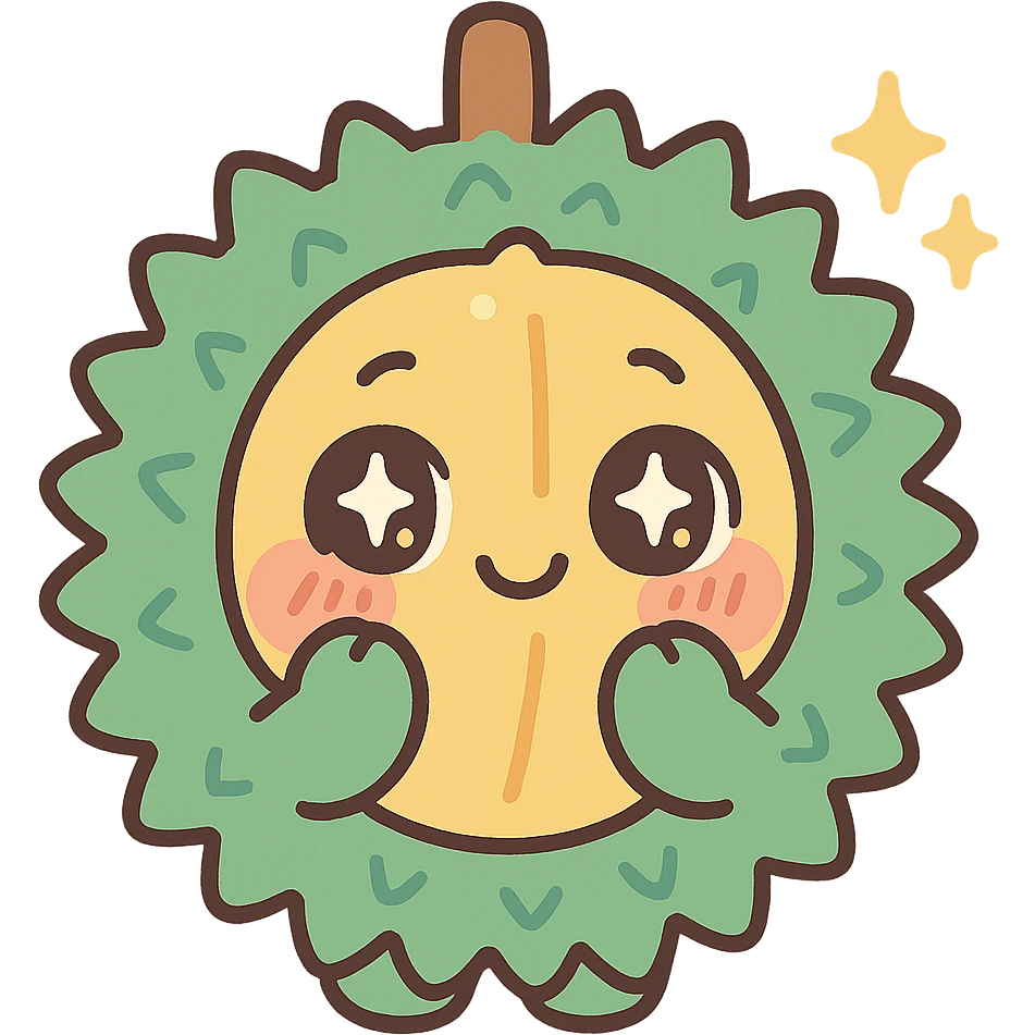 chibi-style round durian character, green spiky shell, yellow flesh, sparkly eyes, pastel colors, holding its cheeks in shyness emoji