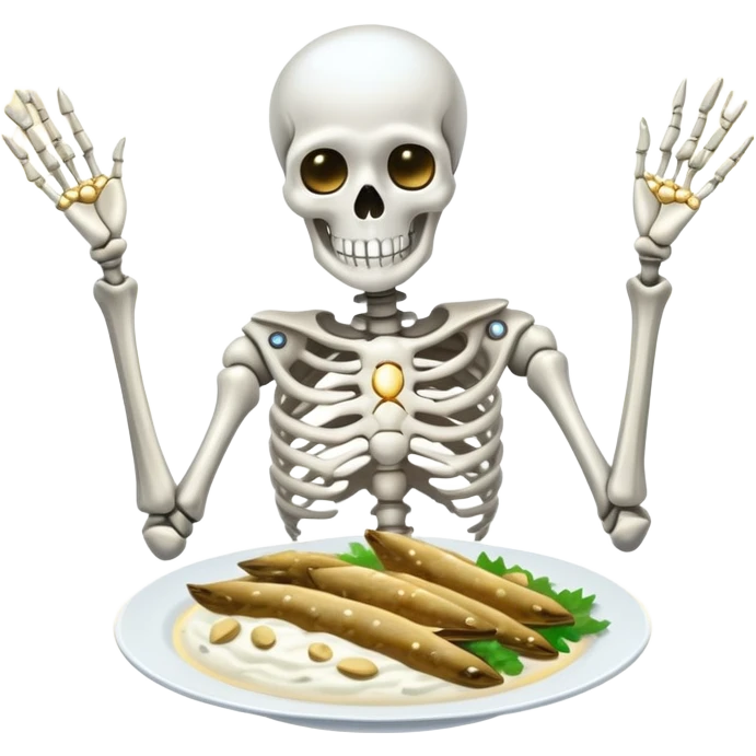 Silvery sardines, bright white yogurt, and golden sesame seeds orbiting around a glowing skeleton, with light beams connecting them to bones emoji