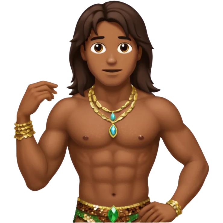 Tarzan with long dark brown hair, brown sequin loincloth, shirtless with necklace emoji