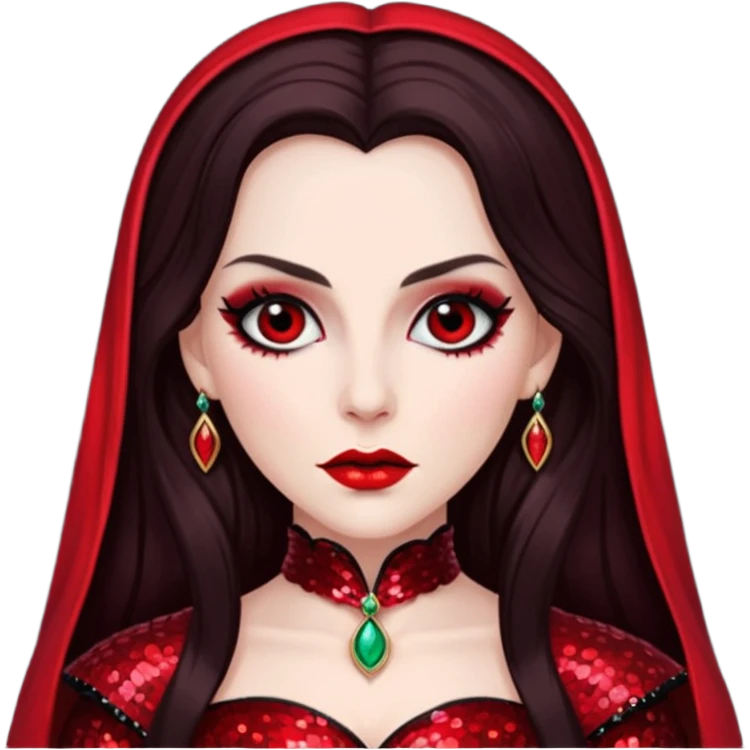 Countess Dracula with long dark brown hair, red sequin outfit  emoji