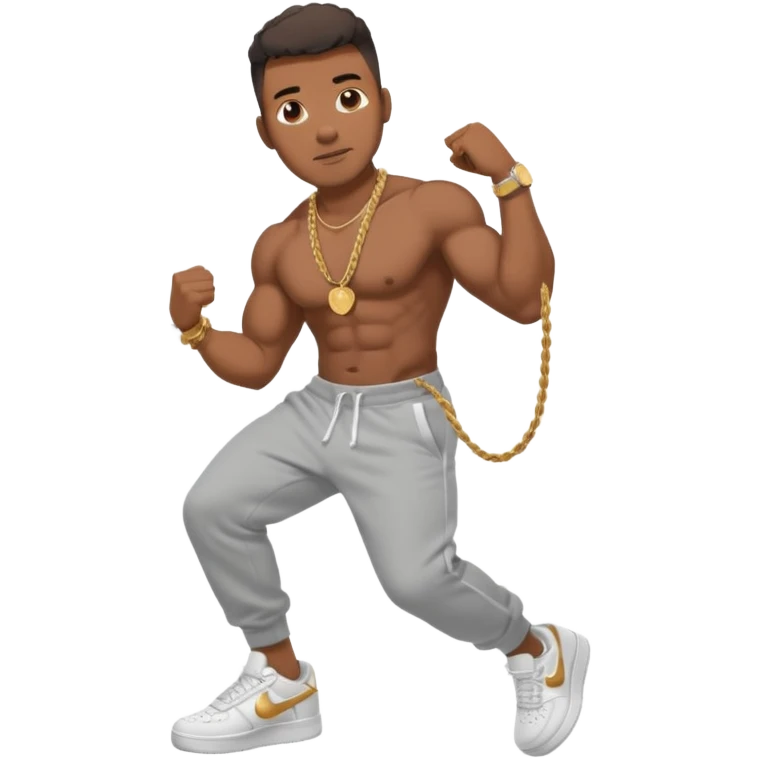 Handsome Black guy with brown skin tone, with muscular build, wearing gray sweatpants, a white t-shirt, white Air Force Ones sneakers, a small gold rope chain, and a gold watch  emoji