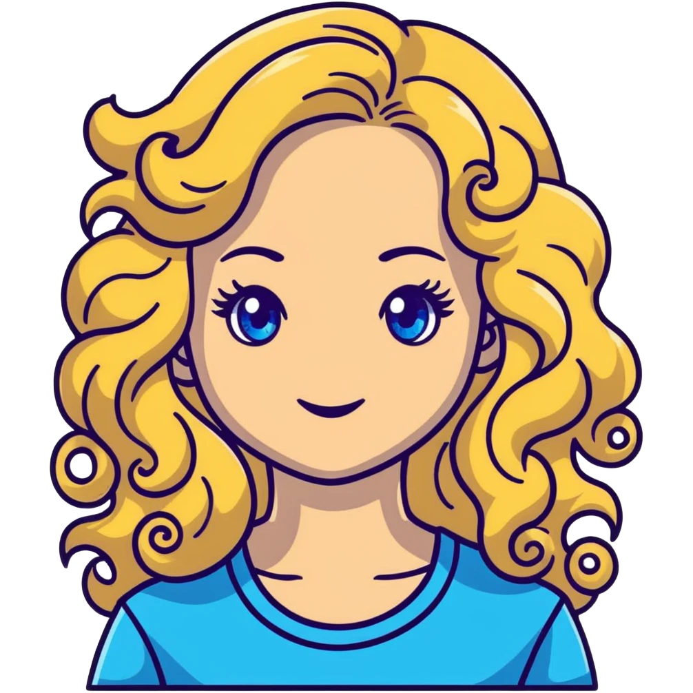 beautiful girl with long curly blonde hair, blue eyes, long eyelashes emoji