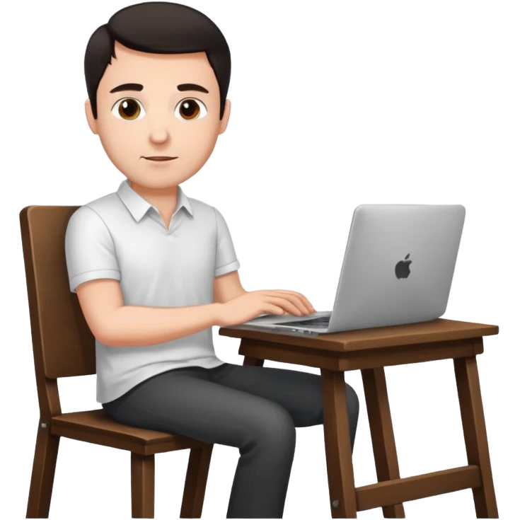 Rich man working setting on a chair in shirt, dark hair, and near the desk with laptop he is german very beautiful looks like emoji