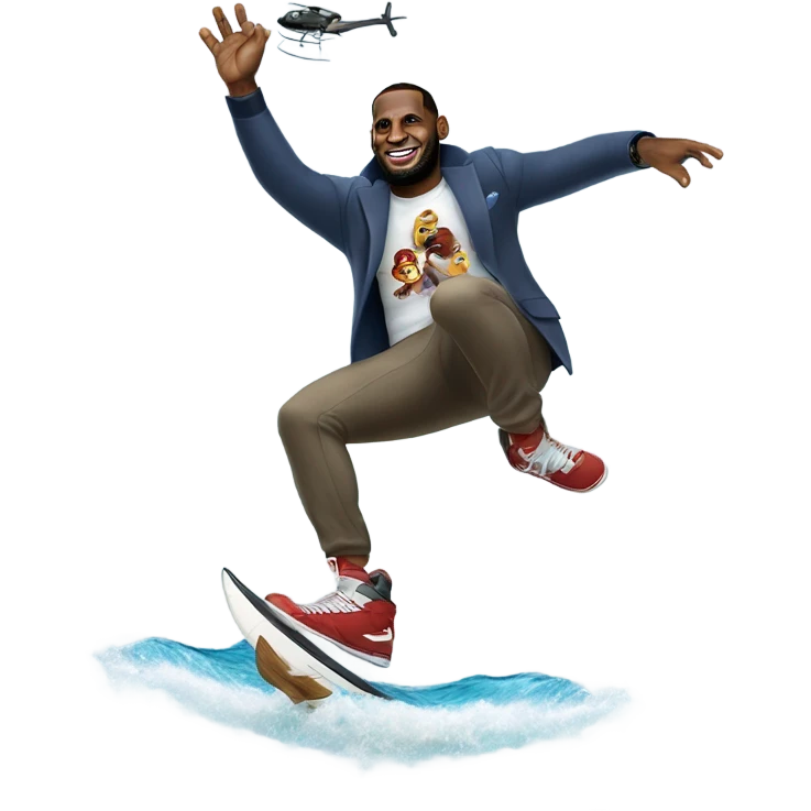 LeBron James jumping over a helicopter while surfing a shark emoji