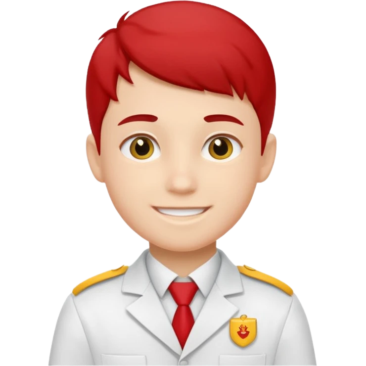 um menino estudante com uniforme branco e detalhes amarelo e vermelho emoji