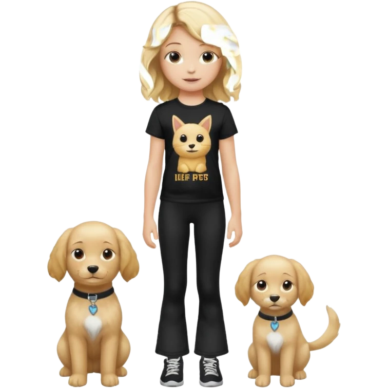 10 year old girl wearing flares black leggings and and a t-shirt that says " Free pets for lifee 💓" and her hair is blonde Wavy emoji