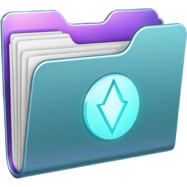 A minimalist glowing folder icon floating on a soft beige background, with subtle purple and teal lighting. The folder is slightly open, and a gentle magical light glows from inside — representing creativity and mystery. emoji