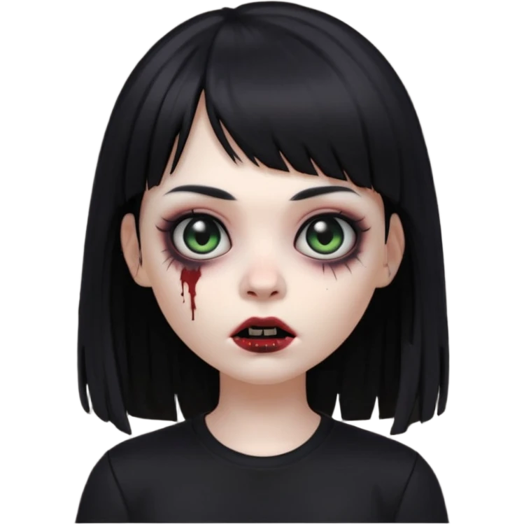 uma garota gotica zumbi no formato Memoji da apple com o cabelo cumprido, preto liso e com franja, blusa preta, olhos pretos  emoji