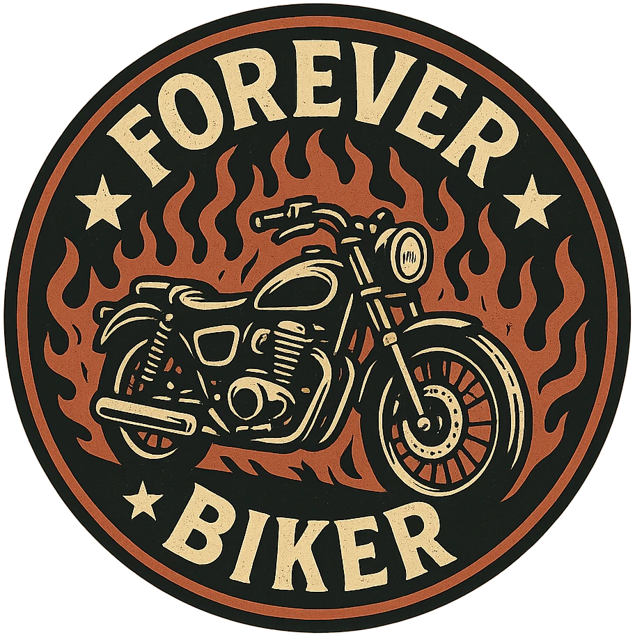 circular transparent background design for motorcycle cap, text 'FOREVER BIKER', motif: motorcycle, flame, star, classic style emoji