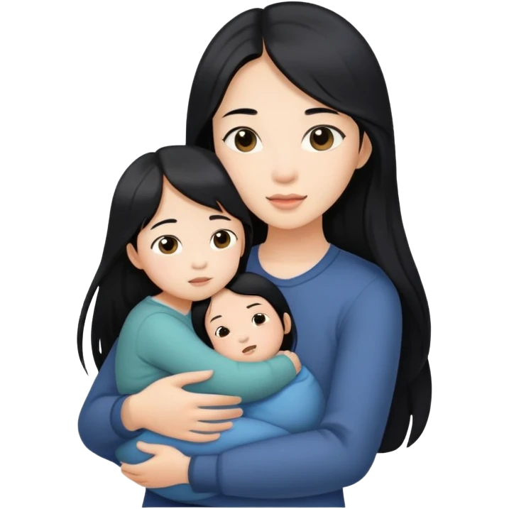 Beautiful Asian girl with long black hair, holding a boy child in her arms emoji