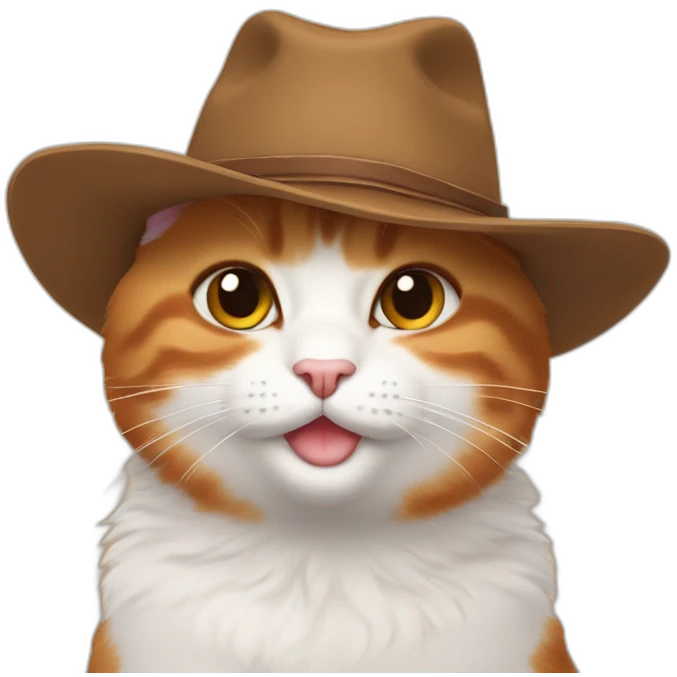 plain orange small chubby smiling hairy japanese bobtail cat while wearing a brown cowboy hat with the ears poking out of the hat emoji