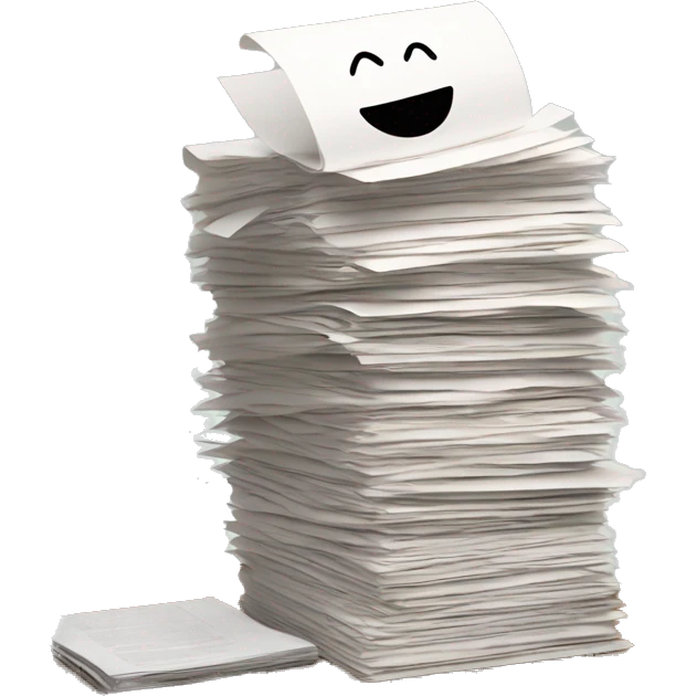 a pile of legal paper. A Macbook is on top of the pile of paper. emoji