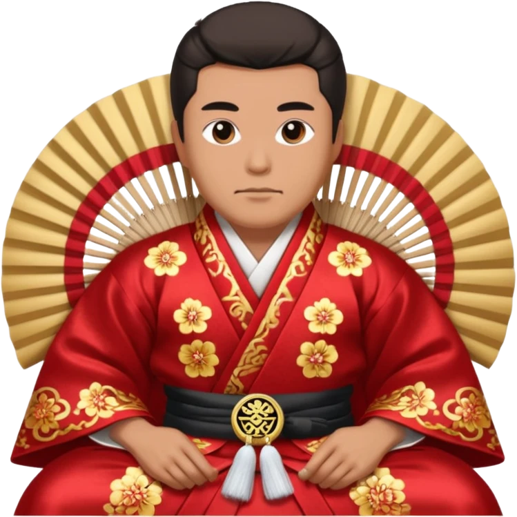 Wealthy warlord in ornate kimono, crest on chest, seated with fan in hand. emoji