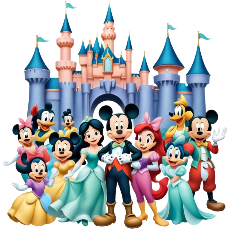 A vibrant collage featuring iconic characters like one Goofy, one Mickey Mouse, one Ariel, one Jasmine and one Franco. Each character should be large and bright, set against a cheerful and playful background with Disneyland. Transparent background. emoji