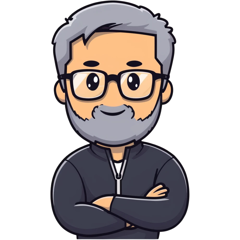 Light-skinned man with short black hair styled upwards, full short graying beard, smiling, wearing large black-framed glasses and a black long-sleeve sports shirt with zip at the neck emoji