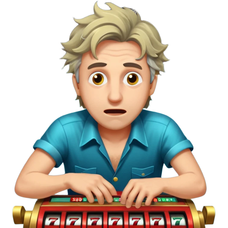 disheveled man losing money at a slot machine, panicked face, coins flying emoji