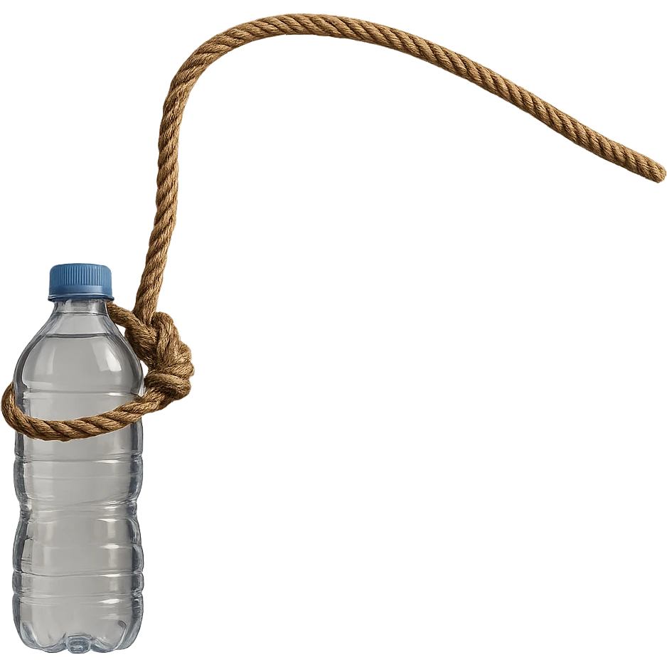 Illustrate a long rope with a loop, replacing the cheese with a clearly visible and realistic water bottle. The style should be realistic with natural details and no background. emoji