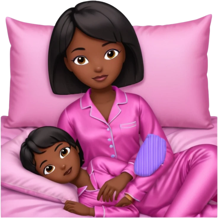 Dark skin Black barbie, short  black bob  hair, pink pajamas in bed sleeping  emoji