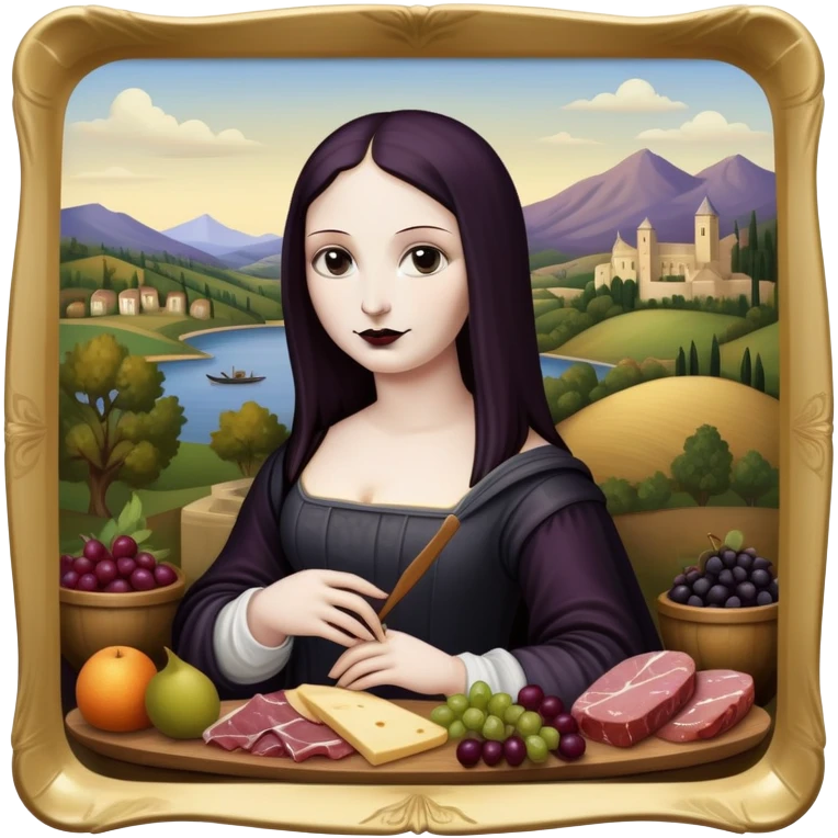  goth mona lisa with SPAM MEAT charcuterie and fruit tray renaissance landscape emoji