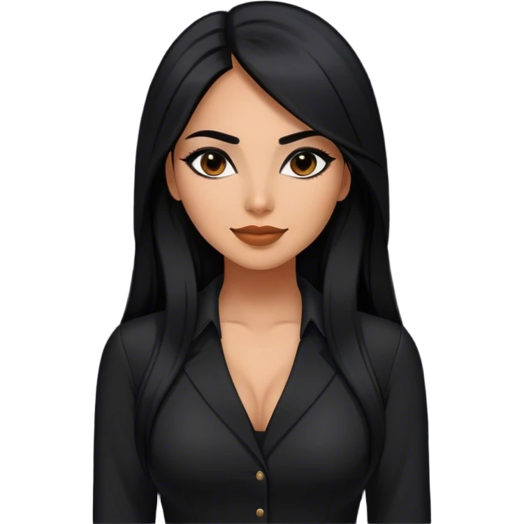 beautiful woman boss, with long straight black hair, with make up, black eye liner, smile, mexican, brown skin, wearing beautiful sexy black outfit, she has a shy attitude  emoji