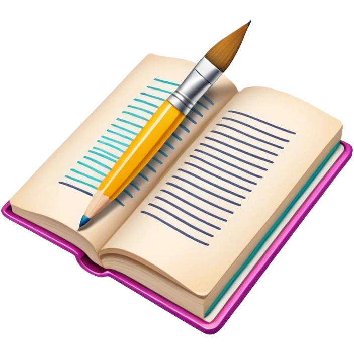 icon for Illustration hobbie, paintbrush and pencil under book's illustrated page, colorful sketch, simple lines, minimalistic style, transparent background. emoji