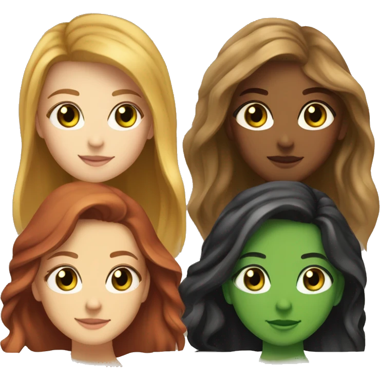 4 girls: one with long brown hair brown eyes, one with medium dark blonde hair green eyes, one with long red hair green eyes, and one with long black hair brown eyes  emoji