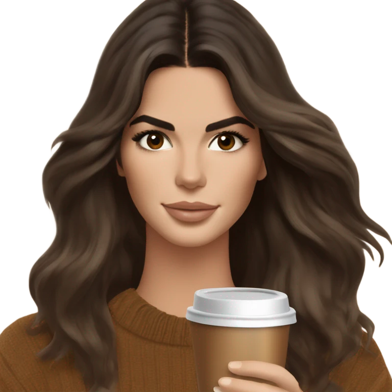 brunette Kendall Jenner with soft and shiny and long and brown hair her eyes brown and sipping coffee Her hair is wavy and shiny With brown sweater just one  emoji