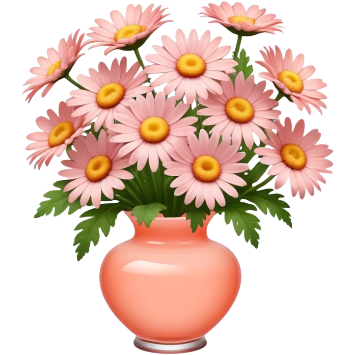 A bouquet of daisies of the color Cloud Pink in a glass vase of the color Soft Coral emoji