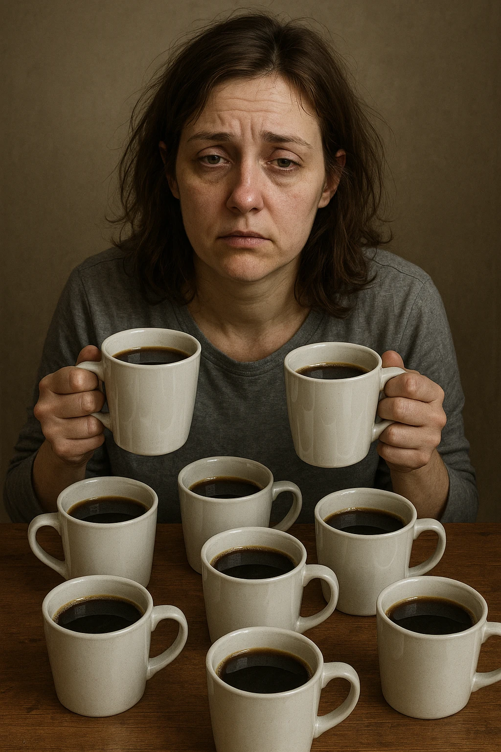 donna con stanchezza cronica distrutta e stanca che si fa tanti caffè emoji