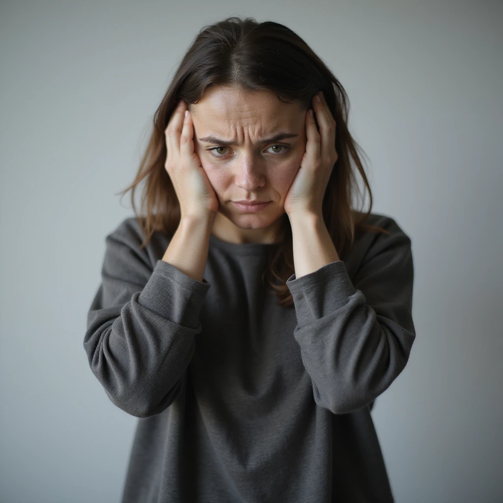 woman standing, very tired appearance, dull eyes, dark circles, slouched posture, hands on temples or holding head, signs of chronic fatigue, vertical 9:16 format, hyperrealistic 4K details, isolated white background emoji