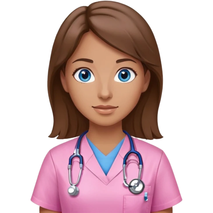 Female doctor Brown hair blue eyes pink scrubs emoji