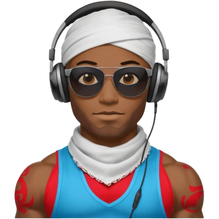 black muscular man with shades, headphones and bandana emoji