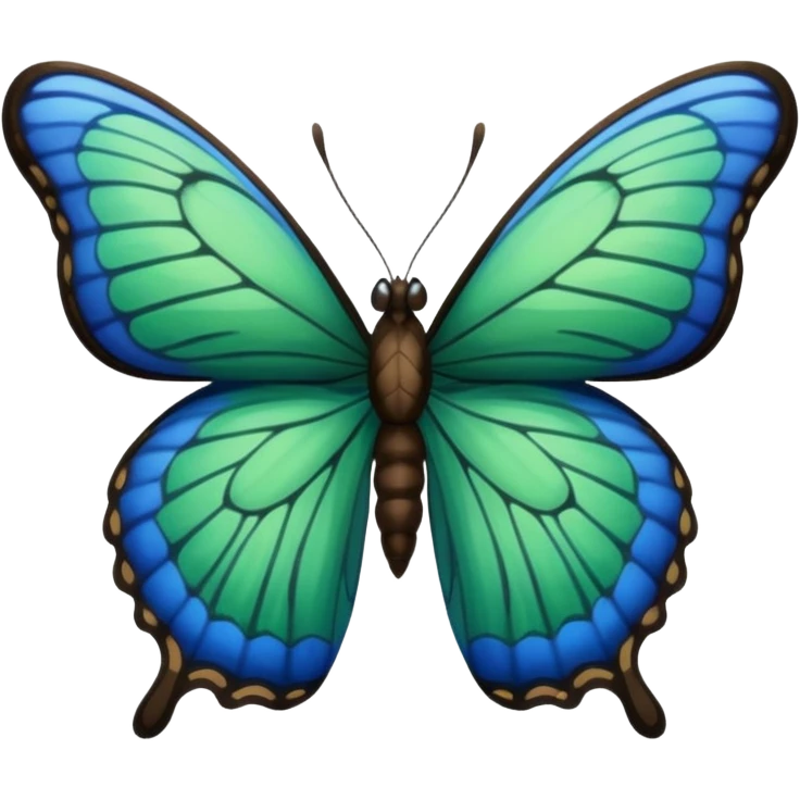 A butterfly with blue edges, green wings, and a black body, Between the wings brown  emoji